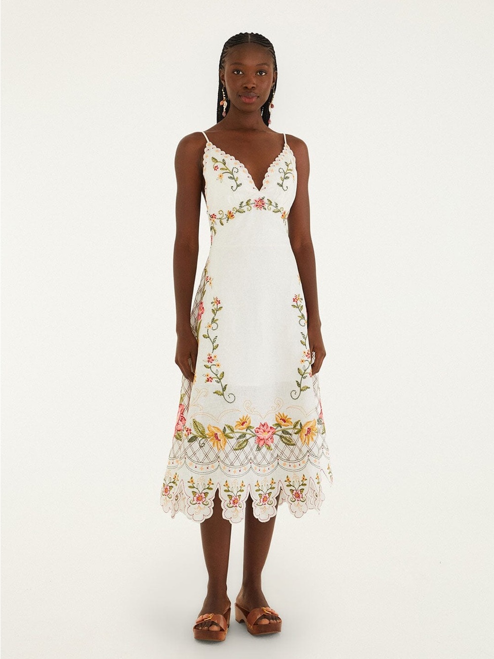 NEW FARM Rio Off-White Flower Embroidery Asymetric Hem Midi Dress
